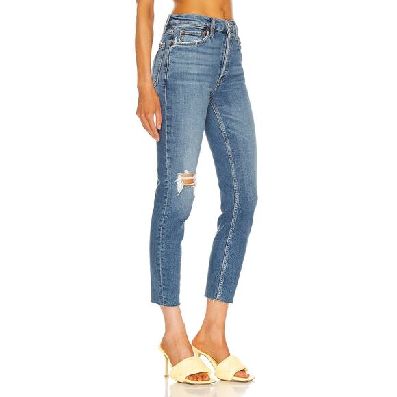 Re/Done 90s High Rise Ankle Crop Distressed Denim Blue Jeans Size 25 - Picture 4 of 14